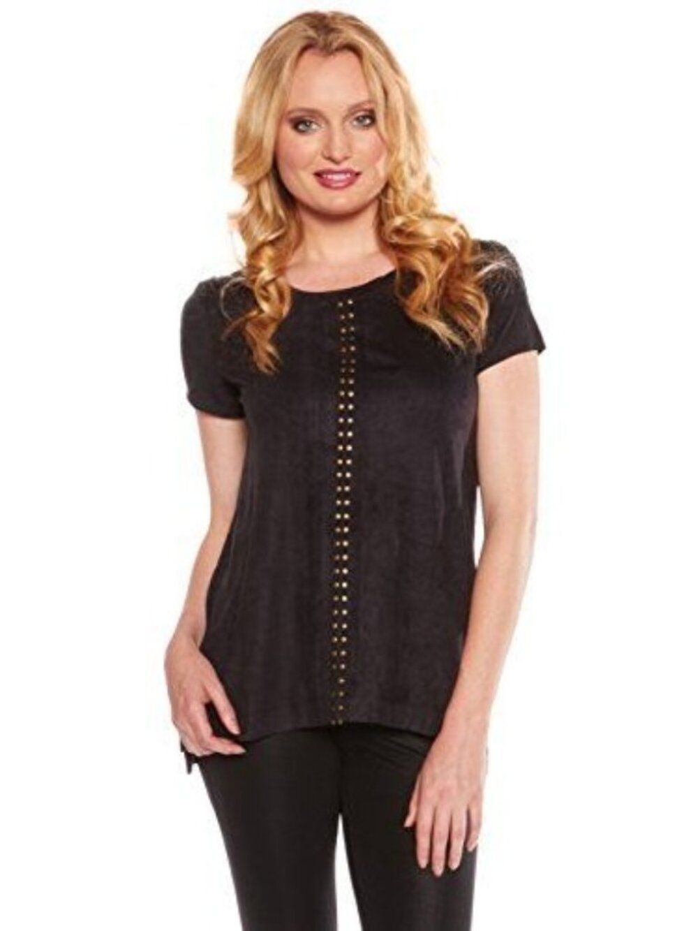 Susan Graver Black Faux Suede Top W/ Gold Stud Detail 1X Women Blouse Minimalist
